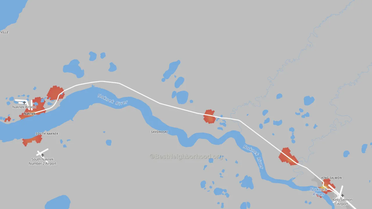 Walk Grade map of Bristol Bay Borough, AK, walkable areas in green and car-dependent areas in red