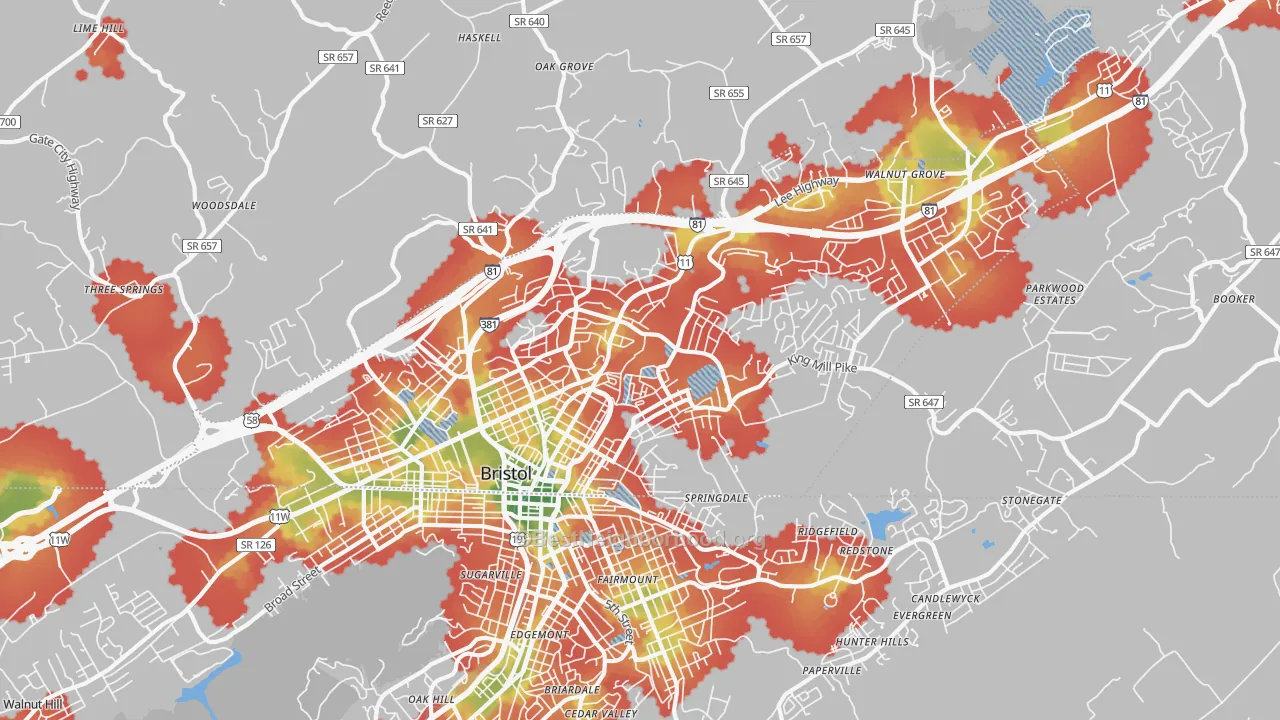 Walk Grade map of Bristol City, VA, walkable areas in green and car-dependent areas in red