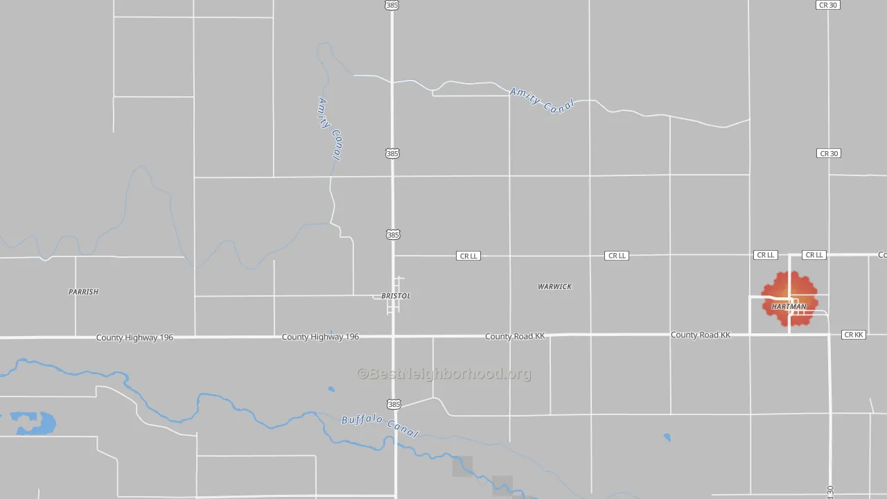 Walk Grade map of Bristol, CO, walkable areas in green and car-dependent areas in red