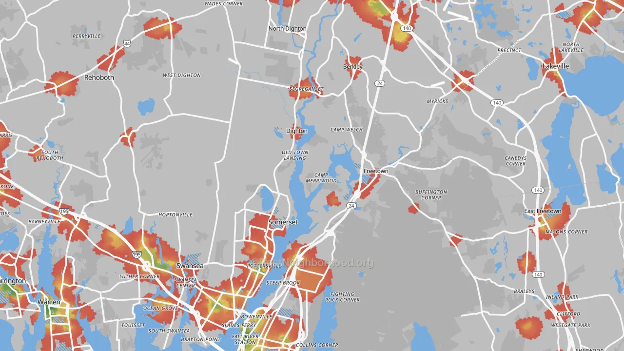 Walk Grade map of Bristol County, MA, walkable areas in green and car-dependent areas in red