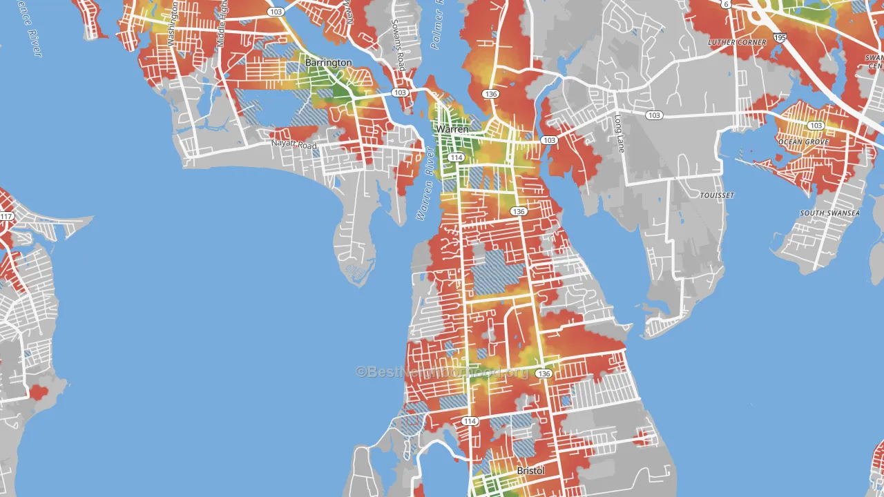 Walk Grade map of Bristol County, RI, walkable areas in green and car-dependent areas in red