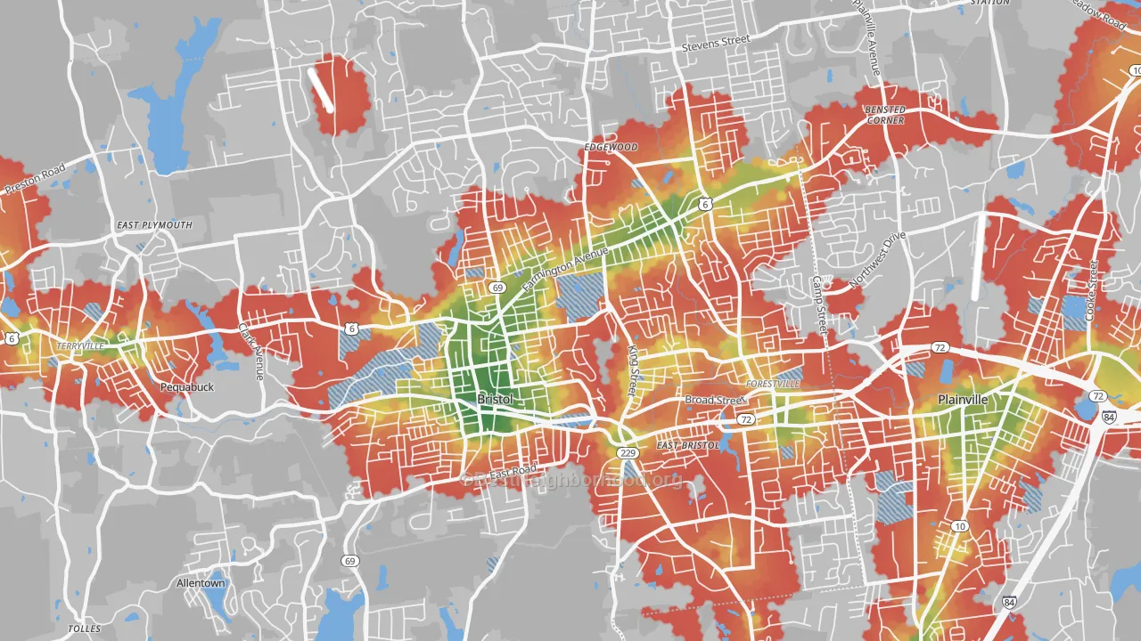 Walk Grade map of Bristol, CT, walkable areas in green and car-dependent areas in red