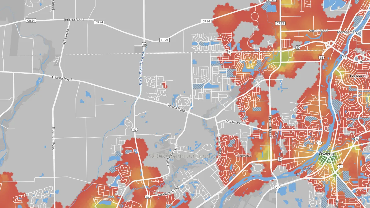 Walk Grade map of Bristol, IL, walkable areas in green and car-dependent areas in red