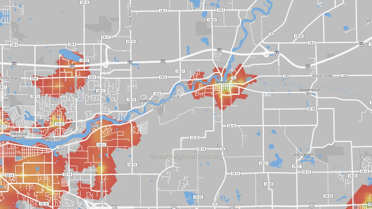 Walk Grade map of Bristol, IN, walkable areas in green and car-dependent areas in red