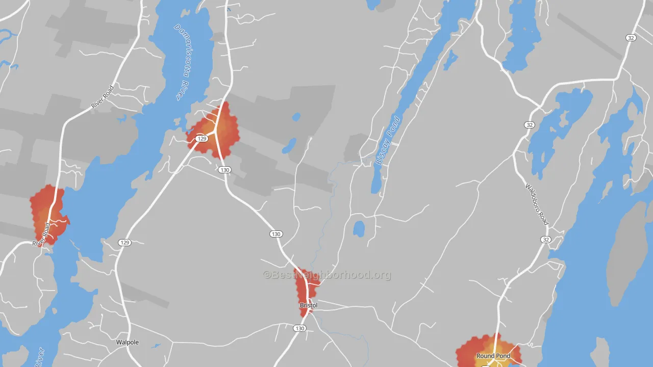 Walk Grade map of Bristol, ME, walkable areas in green and car-dependent areas in red