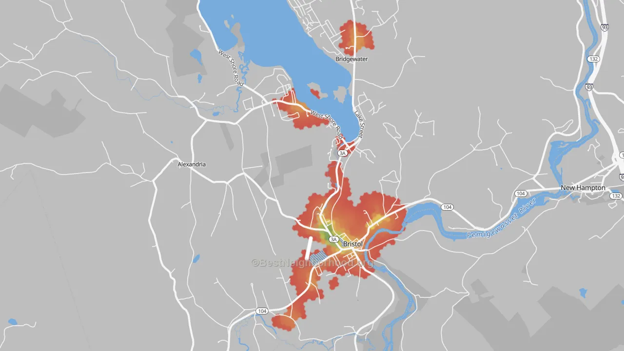 Walk Grade map of Bristol, NH, walkable areas in green and car-dependent areas in red