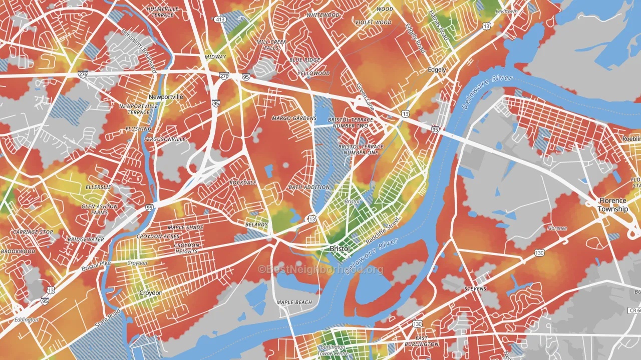 Walk Grade map of Bristol, PA, walkable areas in green and car-dependent areas in red