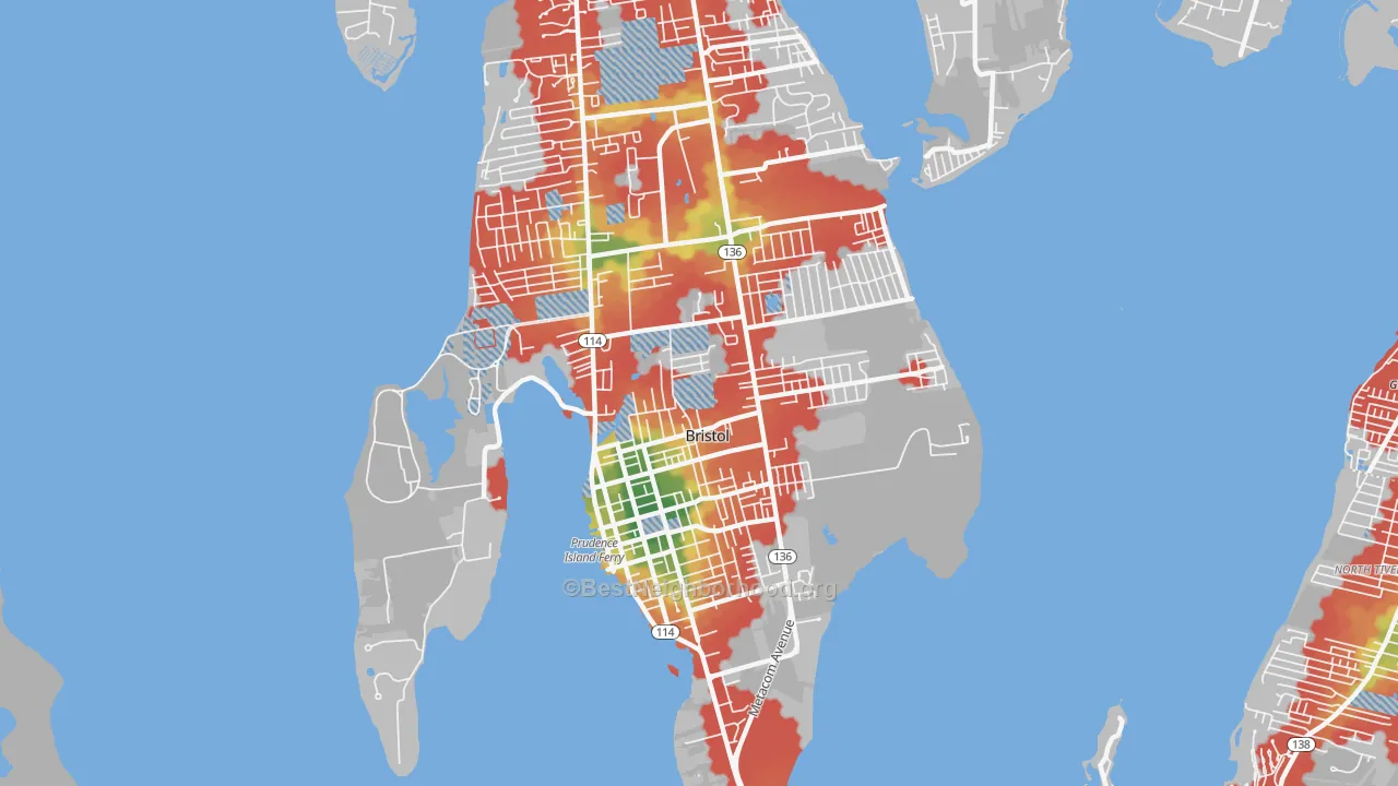 Walk Grade map of Bristol, RI, walkable areas in green and car-dependent areas in red
