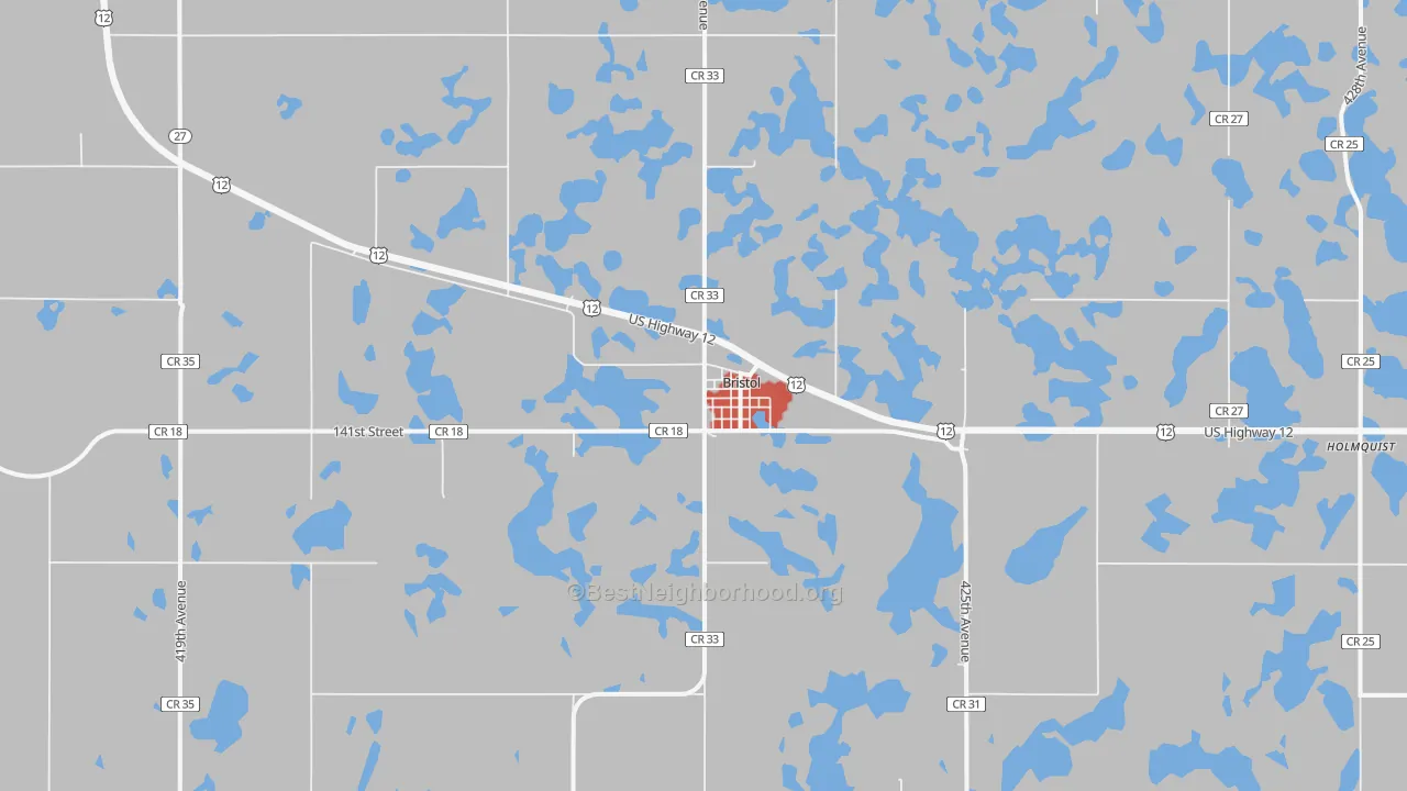 Walk Grade map of Bristol, SD, walkable areas in green and car-dependent areas in red
