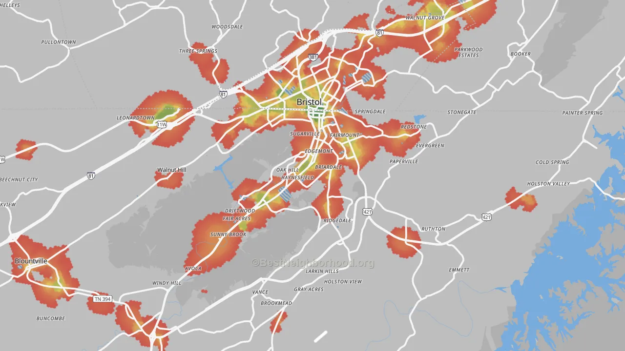 Walk Grade map of Bristol, TN, walkable areas in green and car-dependent areas in red