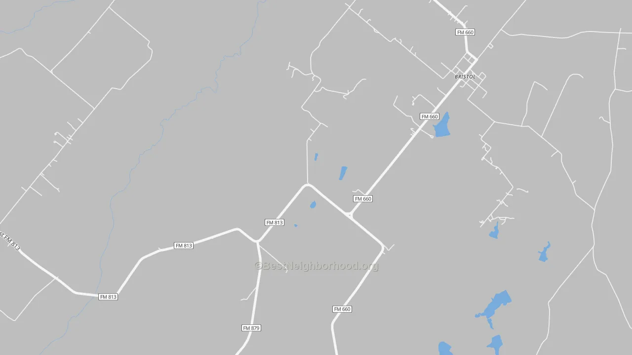 Walk Grade map of Bristol, TX, walkable areas in green and car-dependent areas in red