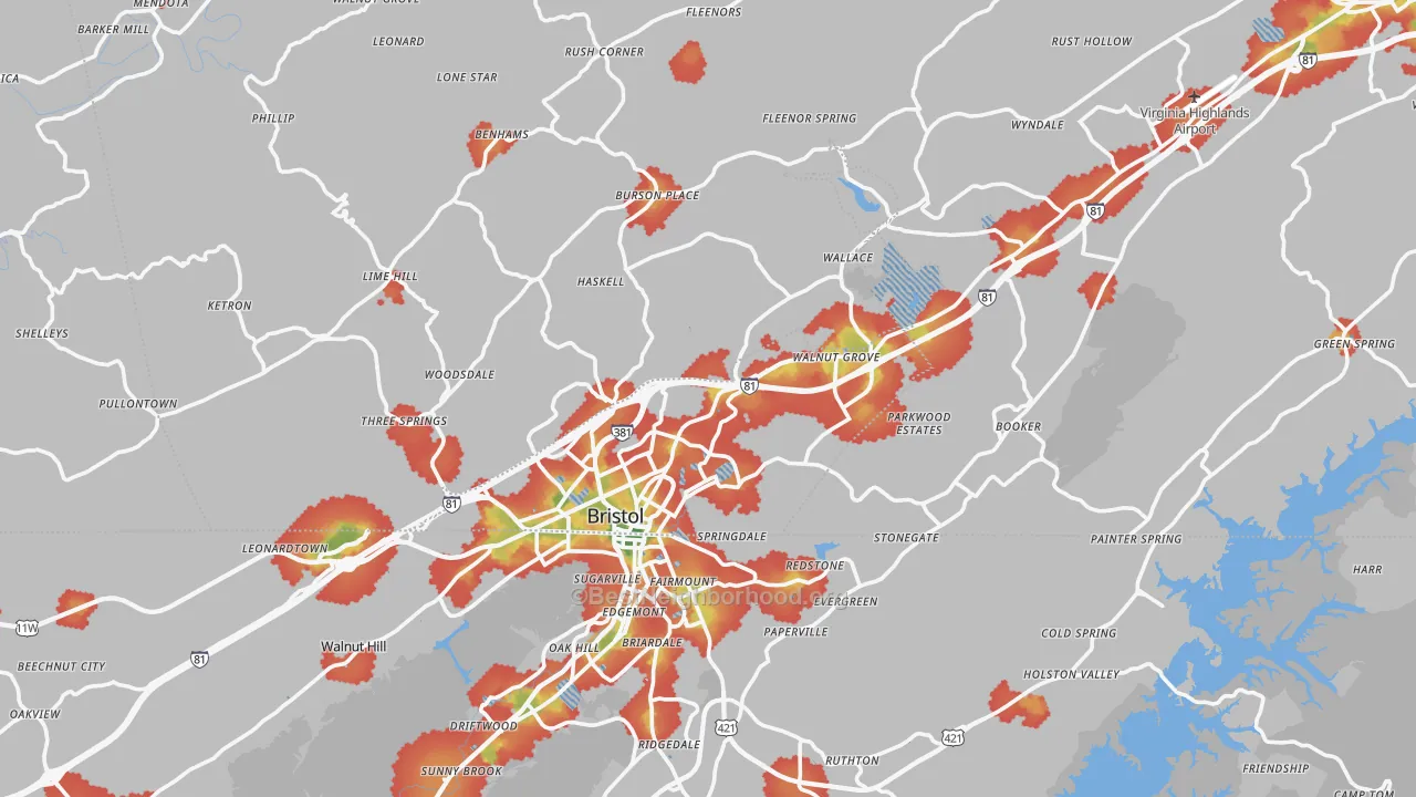 Walk Grade map of Bristol, VA, walkable areas in green and car-dependent areas in red