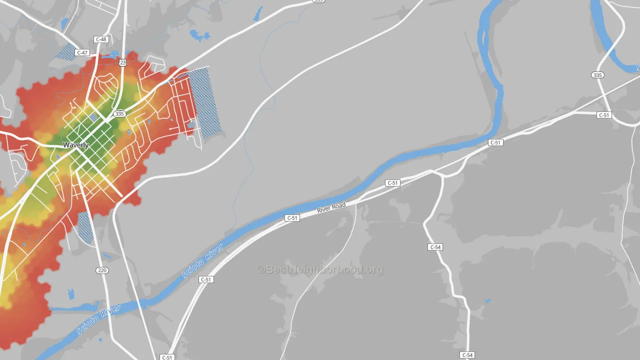 Walk Grade map of Bristol Village, OH, walkable areas in green and car-dependent areas in red