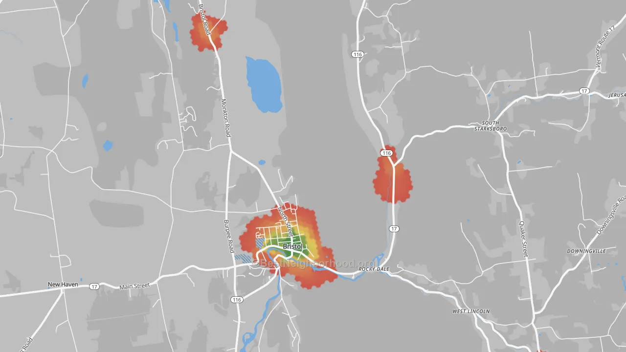 Walk Grade map of Bristol, VT, walkable areas in green and car-dependent areas in red