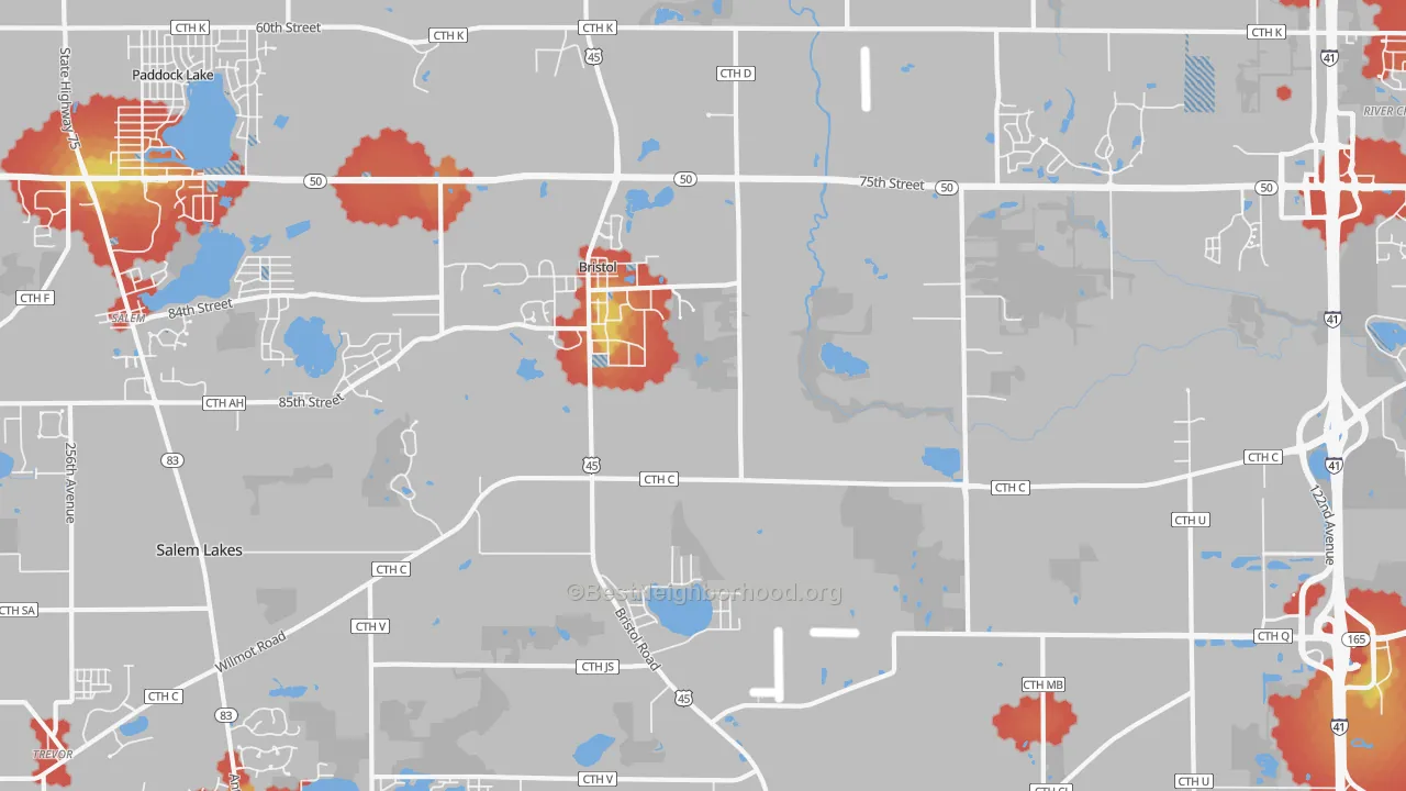 Walk Grade map of Bristol, WI, walkable areas in green and car-dependent areas in red