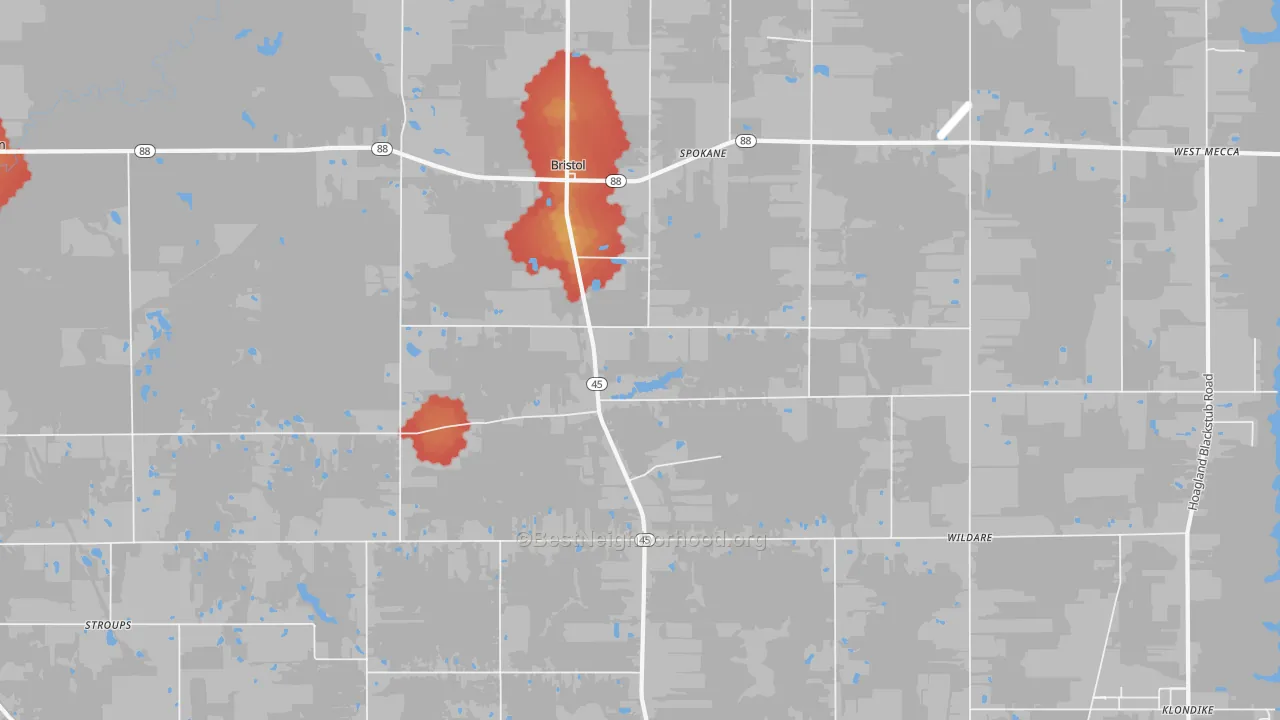 Walk Grade map of Bristolville, OH, walkable areas in green and car-dependent areas in red