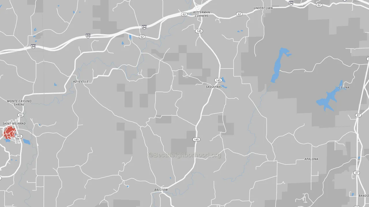 Walk Grade map of Bristow, IN, walkable areas in green and car-dependent areas in red