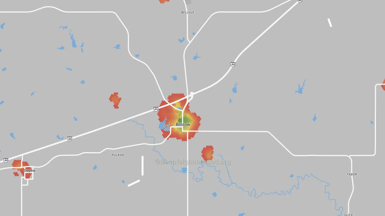 Walk Grade map of Bristow, OK, walkable areas in green and car-dependent areas in red