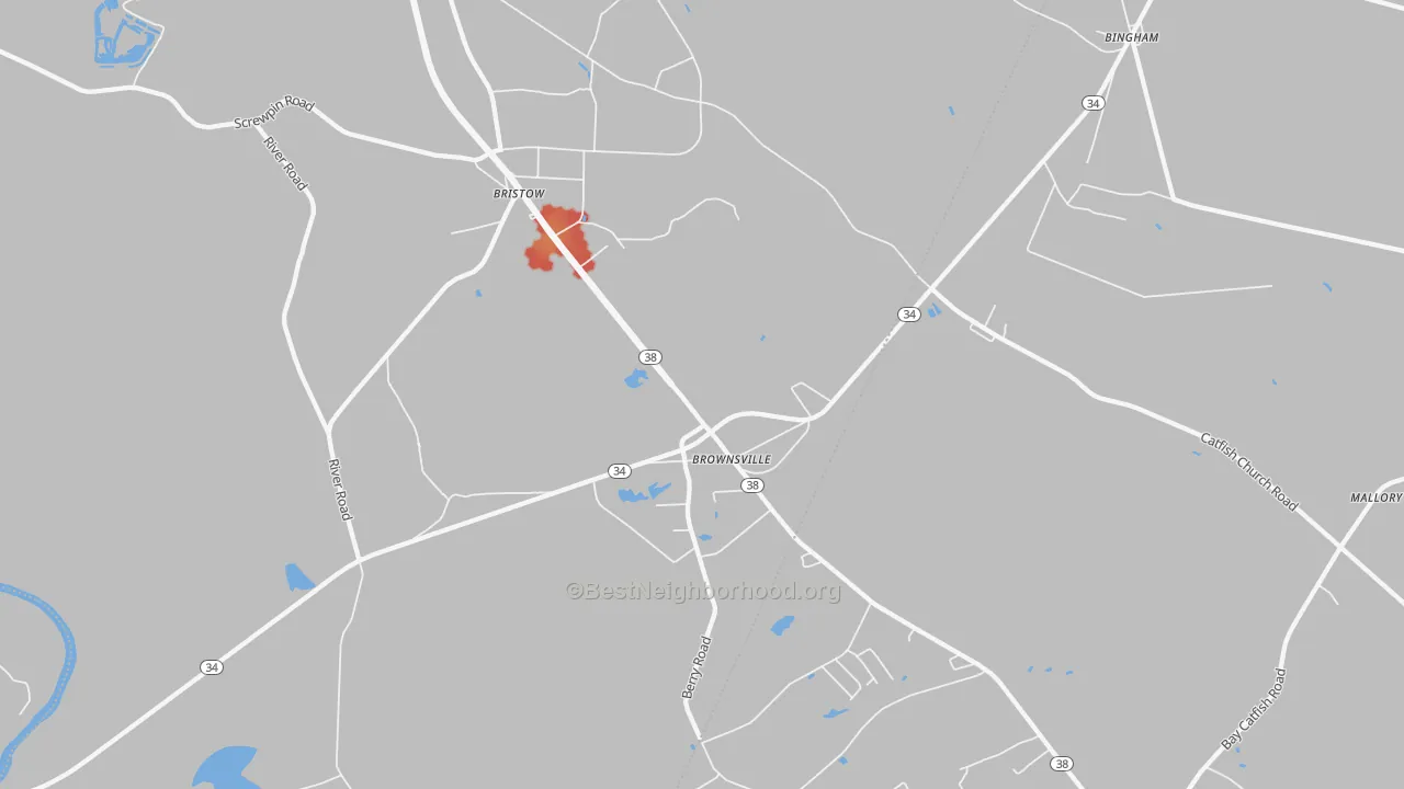 Walk Grade map of Bristow, SC, walkable areas in green and car-dependent areas in red