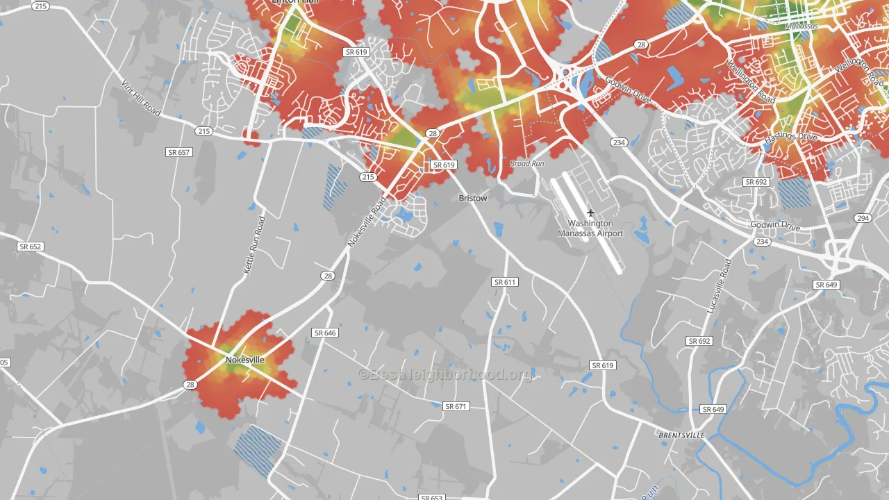 Walk Grade map of Bristow, VA, walkable areas in green and car-dependent areas in red