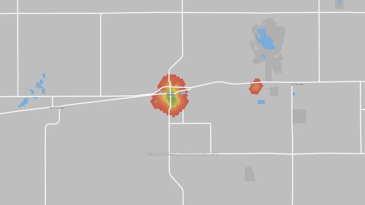 Walk Grade map of Britt, IA, walkable areas in green and car-dependent areas in red