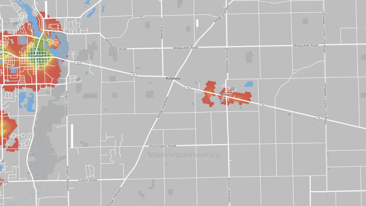 Walk Grade map of Britton, MI, walkable areas in green and car-dependent areas in red