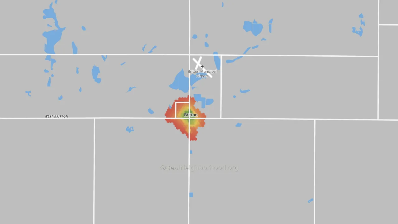 Walk Grade map of Britton, SD, walkable areas in green and car-dependent areas in red