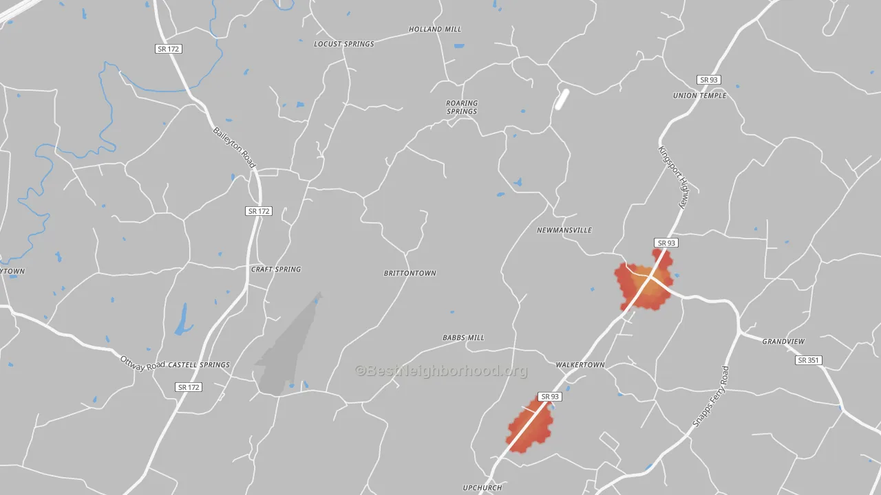 Walk Grade map of Brittontown, TN, walkable areas in green and car-dependent areas in red