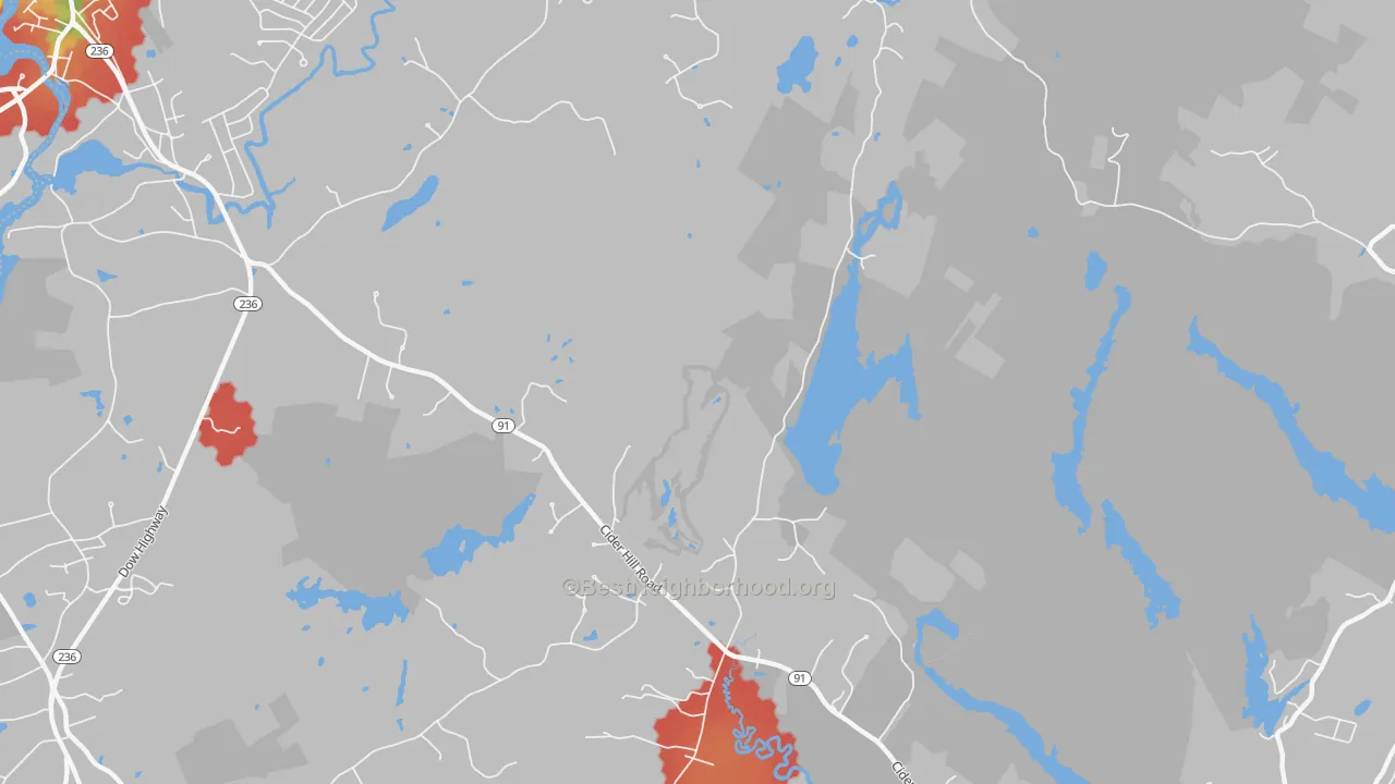Walk Grade map of Brixham, ME, walkable areas in green and car-dependent areas in red