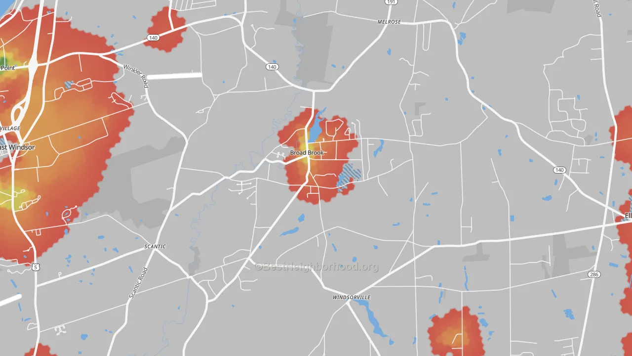 Walk Grade map of Broad Brook, CT, walkable areas in green and car-dependent areas in red