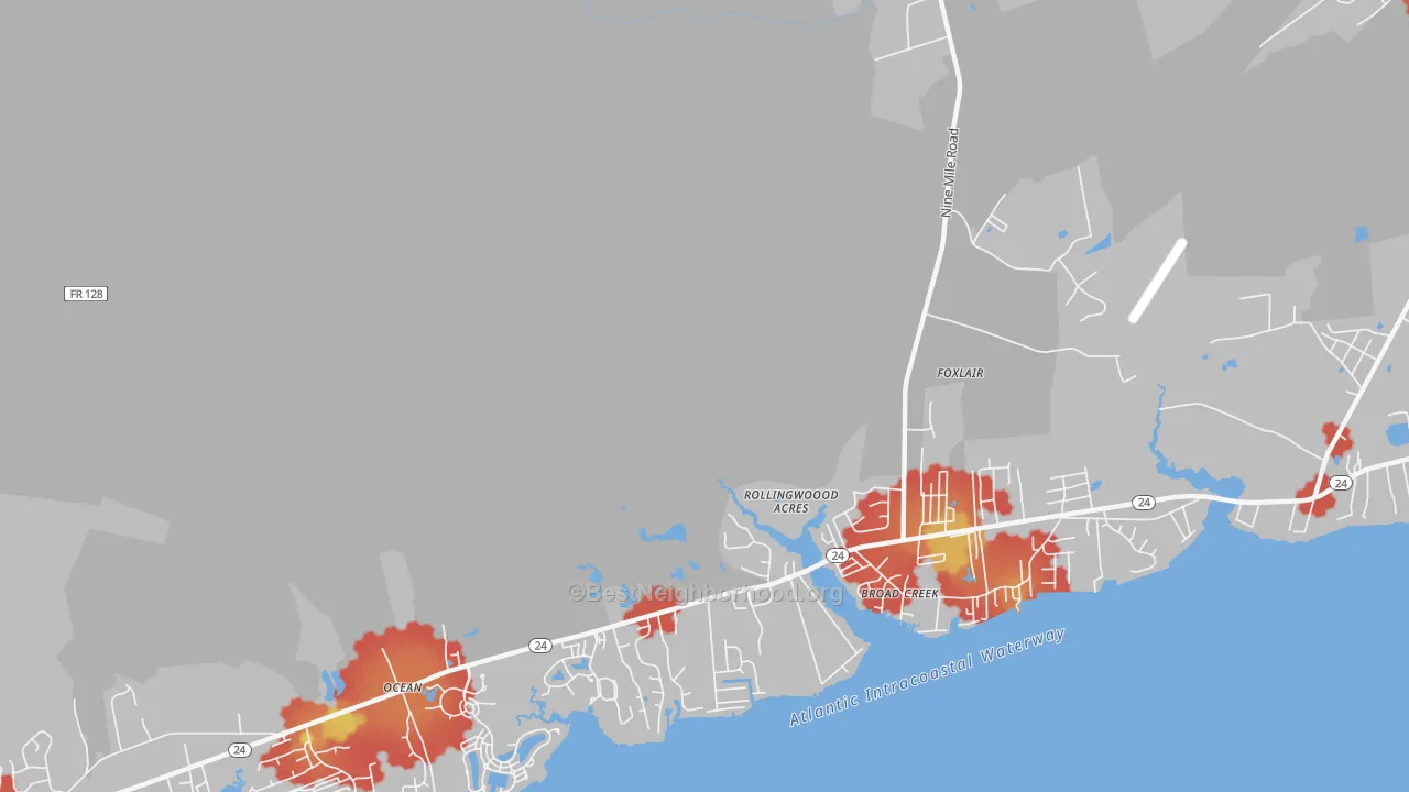 Walk Grade map of Broad Creek, NC, walkable areas in green and car-dependent areas in red