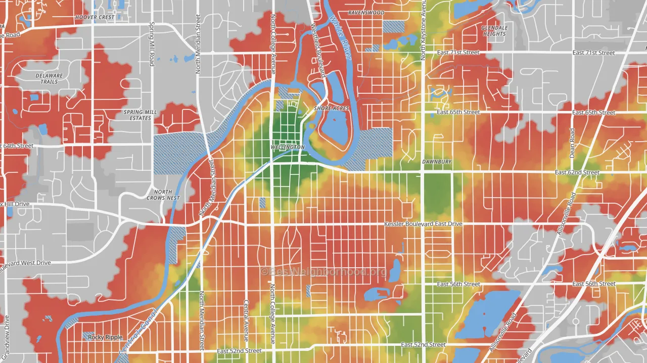 Walk Grade map of Broad Ripple, Indianapolis, IN, walkable areas in green and car-dependent areas in red