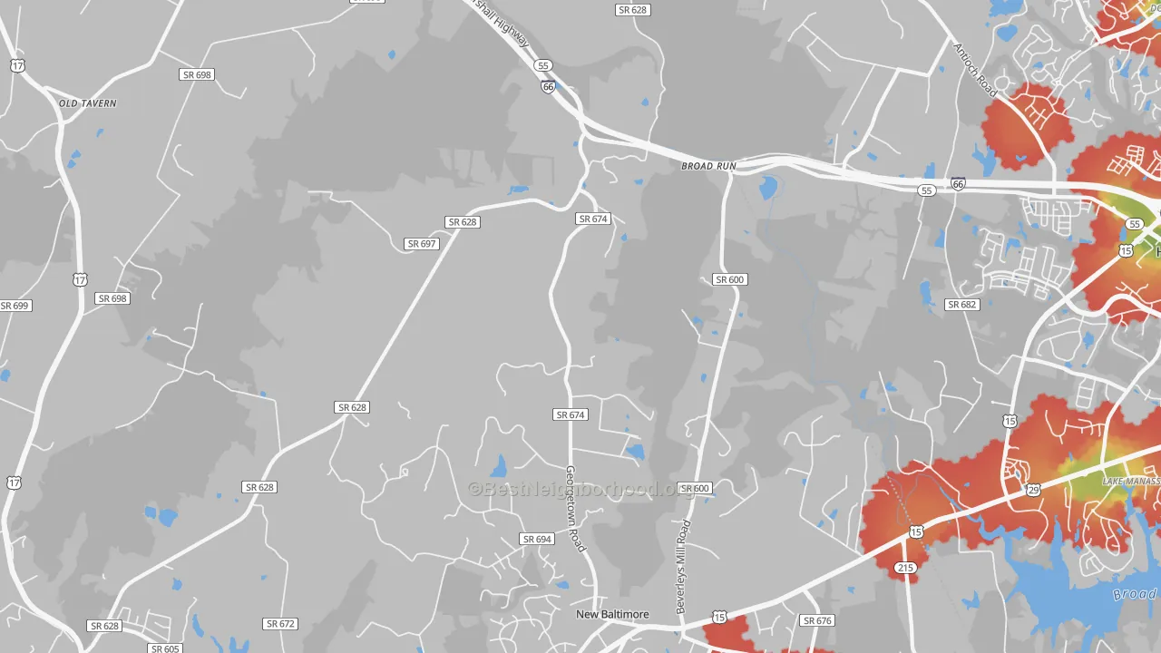 Walk Grade map of Broad Run, VA, walkable areas in green and car-dependent areas in red