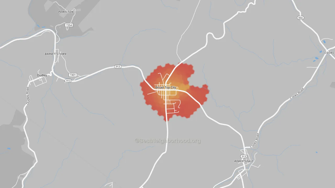Walk Grade map of Broad Top City, PA, walkable areas in green and car-dependent areas in red