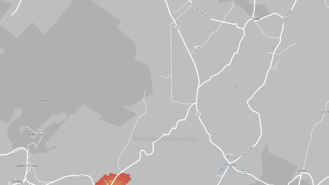Walk Grade map of Broad Top, PA, walkable areas in green and car-dependent areas in red