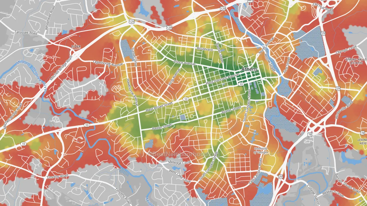 Walk Grade map of Broadacres Homes, Athens, GA, walkable areas in green and car-dependent areas in red