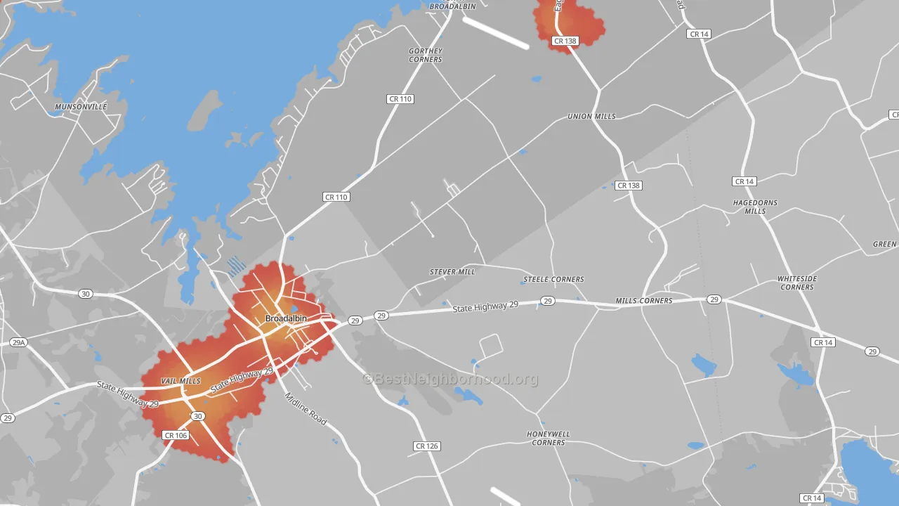 Walk Grade map of Broadalbin, NY, walkable areas in green and car-dependent areas in red