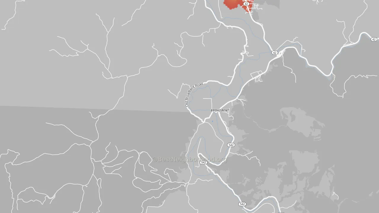 Walk Grade map of Broadbent, OR, walkable areas in green and car-dependent areas in red