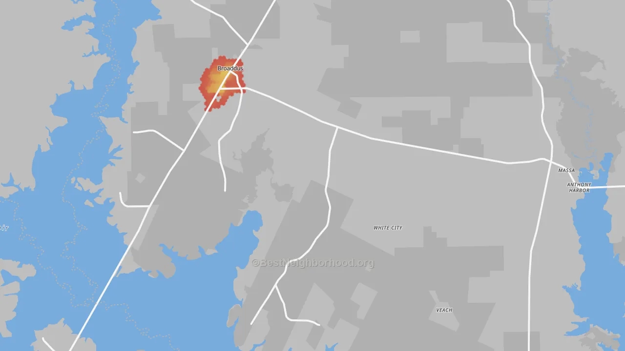 Walk Grade map of Broaddus, TX, walkable areas in green and car-dependent areas in red