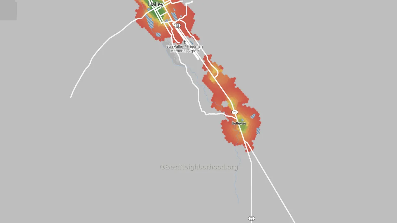 Walk Grade map of Broadford, ID, walkable areas in green and car-dependent areas in red