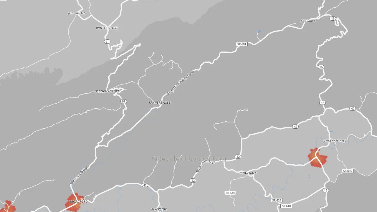 Walk Grade map of Broadford, VA, walkable areas in green and car-dependent areas in red