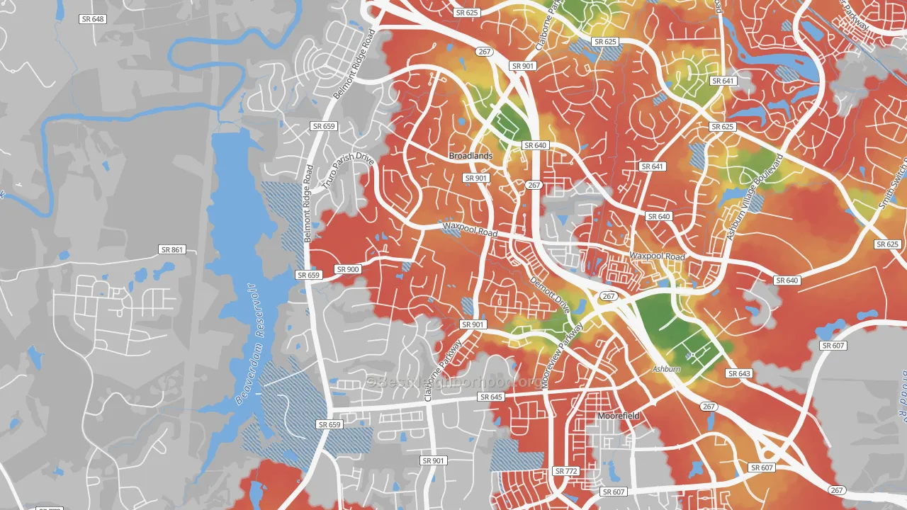 Walk Grade map of Broadlands, VA, walkable areas in green and car-dependent areas in red