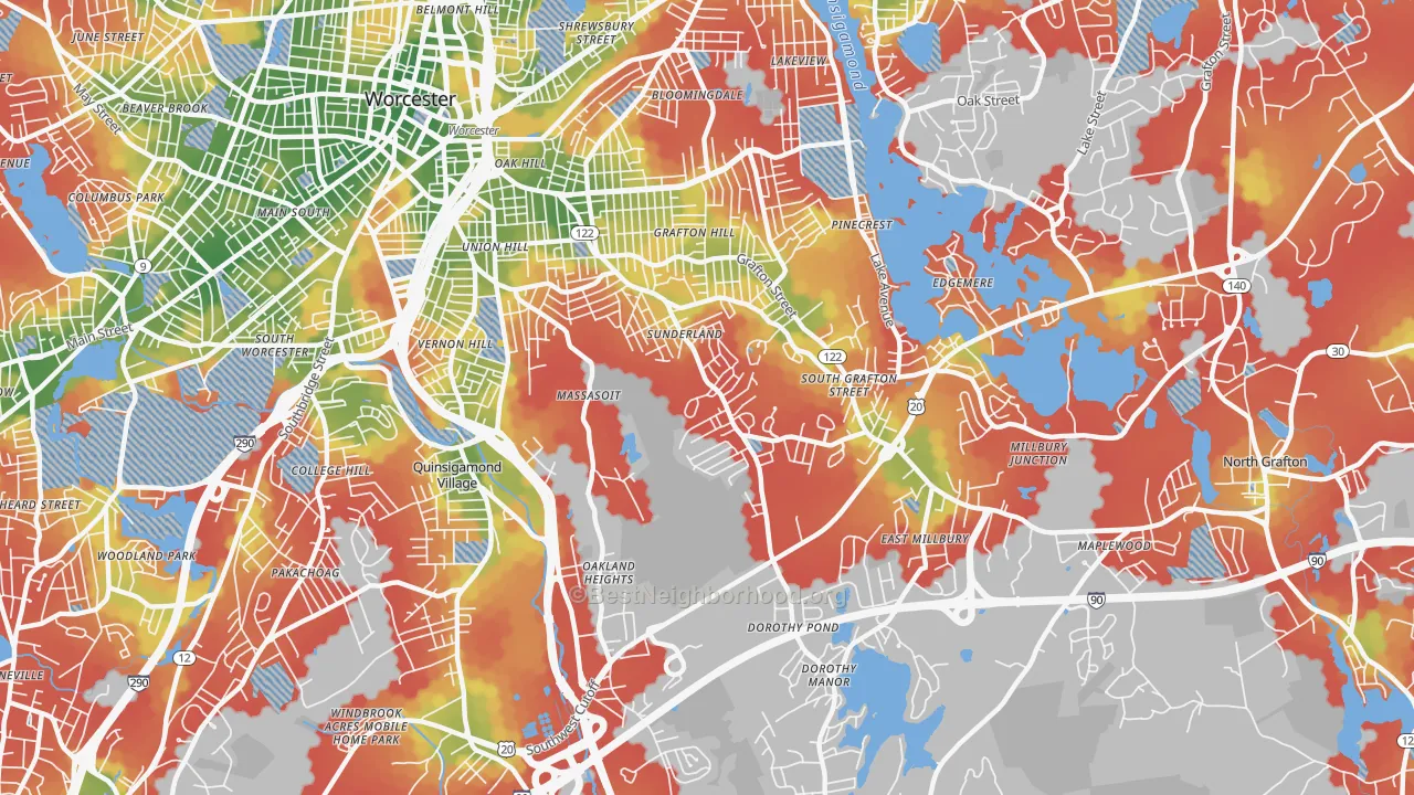Walk Grade map of Broadmeadow Brook, Worcester, MA, walkable areas in green and car-dependent areas in red