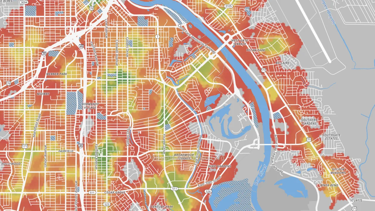 Walk Grade map of Broadmoor-Anderson Isle-Shreve Isle, Shreveport, LA, walkable areas in green and car-dependent areas in red