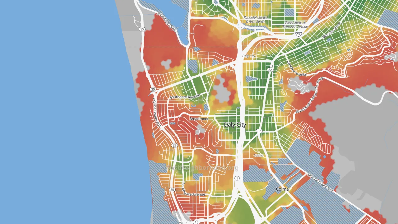 Walk Grade map of Broadmoor, Daly City, CA, walkable areas in green and car-dependent areas in red