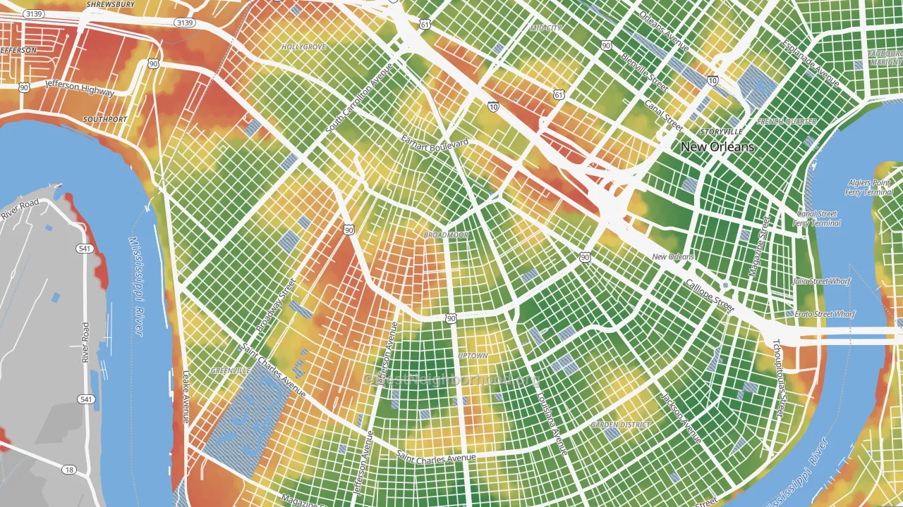 Walk Grade map of Broadmoor, New Orleans, LA, walkable areas in green and car-dependent areas in red