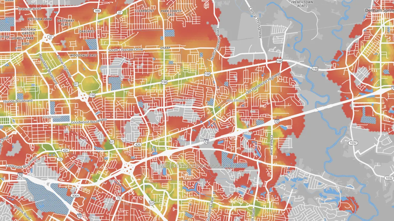 Walk Grade map of Broadmoor-Sherwood, Baton Rouge, LA, walkable areas in green and car-dependent areas in red