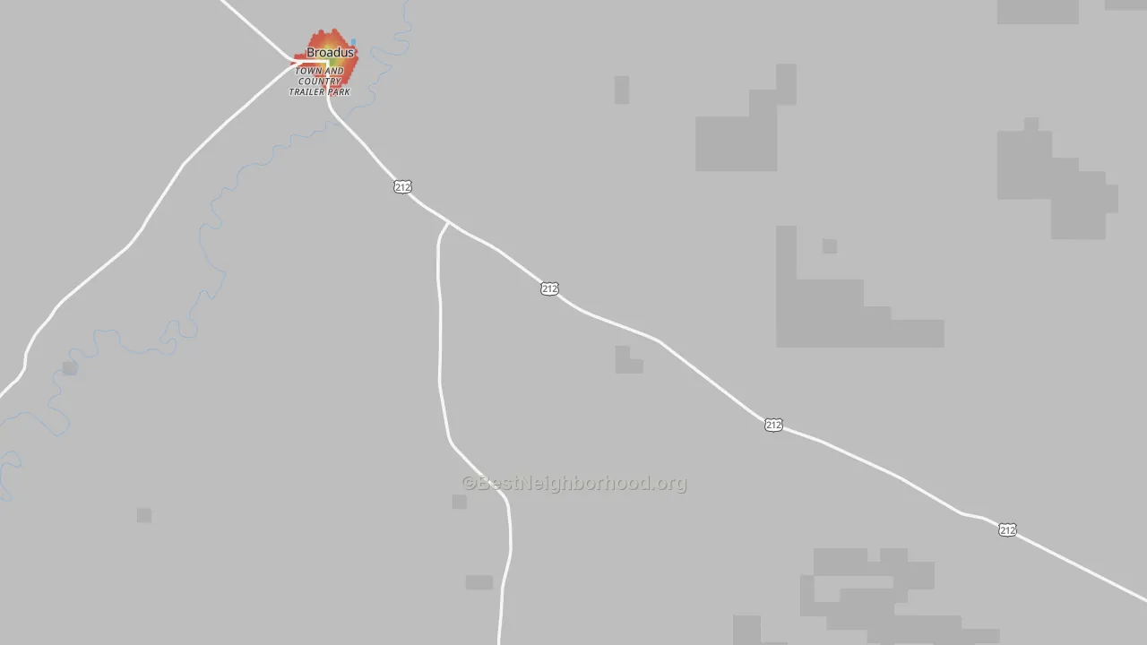 Walk Grade map of Broadus, MT, walkable areas in green and car-dependent areas in red