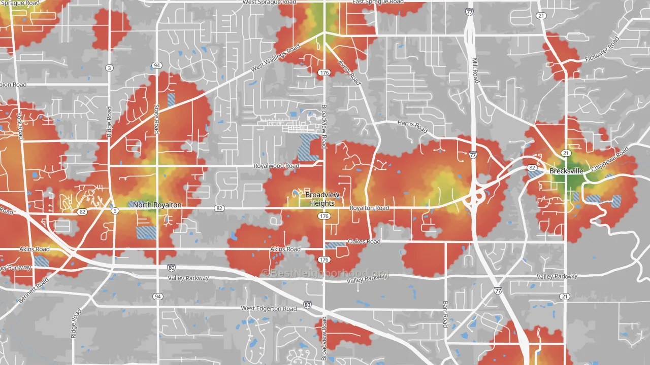 Walk Grade map of Broadview Heights, OH, walkable areas in green and car-dependent areas in red
