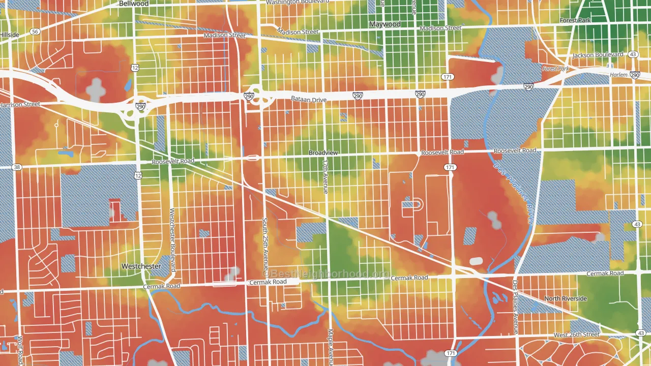 Walk Grade map of Broadview, IL, walkable areas in green and car-dependent areas in red
